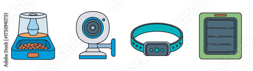 Four colored icons depicting a pet food dispenser, a pet camera, a pet collar with a tracker, and a pet door illustrating various pet care gadgets.