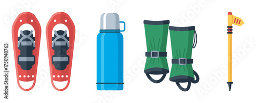Set of colorful winter hiking equipment including red snowshoes, a blue thermos, green gaiters, and an orange ice axe.