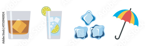 Colorful illustrated icons of a whiskey glass, a cocktail with lime and ice, three ice cubes, and a multicolored umbrella.