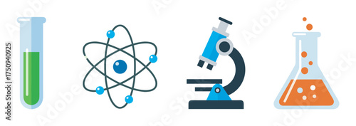 Four colorful icons illustrating scientific concepts, including a test tube, atom model, microscope, and beaker with chemical reaction.