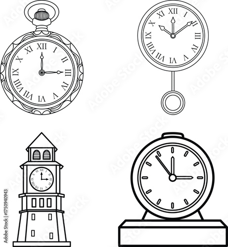 Four different clock designs coloring book pages for kids and adults line art illustration for children's simple coloring book