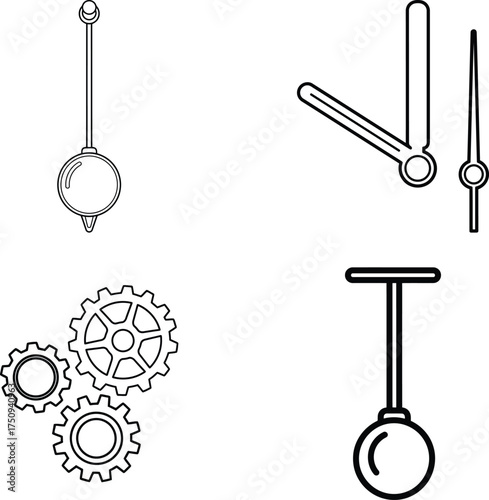 Clock parts gears pendulum and hands coloring book elements line art illustration for children's simple coloring book