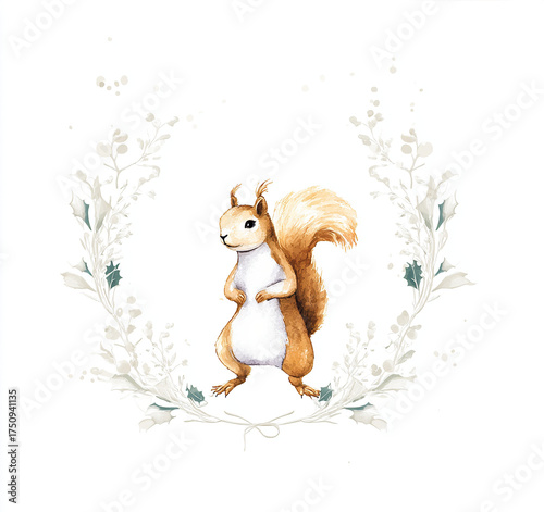A minimalistic-style logo of an adorable little squirrel standing on its hind legs in the center