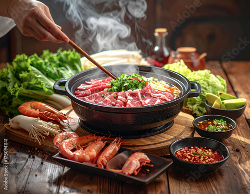 Delicious hot pot with beef, shrimp, and fresh vegetables on a wooden table.