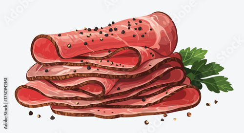 Thinly sliced cured meat seasoned with coarse black pepper served with fresh parsley sprigs.