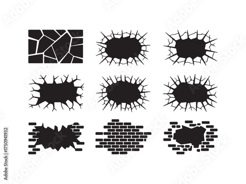 Cracked Wall Collection Different Destruction Style on White Background