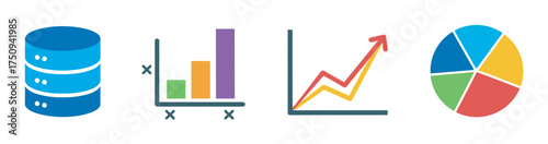 Colorful icons depicting a data server, bar chart, line graph with an upward trend, and a pie chart, representing data analysis and business metrics.