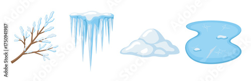 Collection of four winter-themed icons showing a snow-covered branch, icicles, snow pile, and frozen pond with cracks.