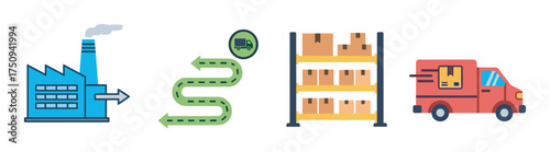 Illustration depicting an industrial factory emitting smoke, a logistics path with arrows, a warehouse rack with boxes, and a delivery truck.