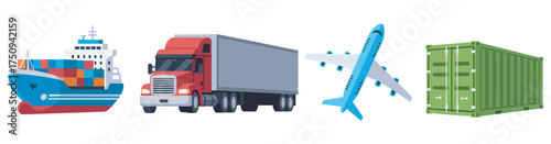Colorful illustrations of a cargo ship, a red and gray truck, a blue airplane, and a green shipping container symbolizing different modes of freight transportation.