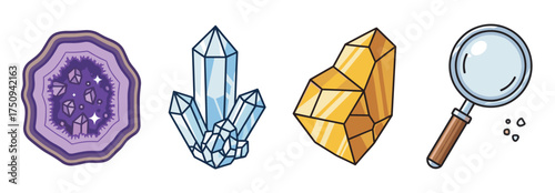 Colorful illustration of geode, blue crystal cluster, golden mineral, and a magnifying glass with small rocks, showcasing mineral exploration tools.