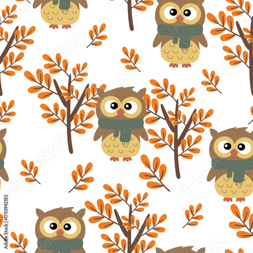 Wallpaper Mural seamless pattern cartoon cute owl wearing a gray scarf with white background with autumn vibes. cute autumn fall wallpaper for fabric print, gift wrapper Torontodigital.ca