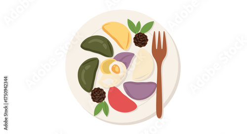 A colorful plate of delicious food with a fork is ready to be enjoyed.