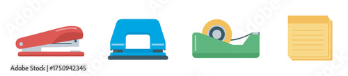 Colorful illustration of office supplies including a red stapler, a blue hole punch, a green tape dispenser, and a stack of yellow notepads.