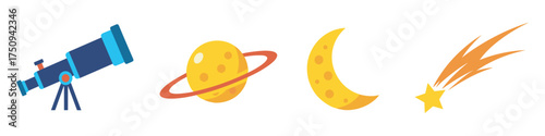 Colorful flat design icons of a telescope, planet with rings, crescent moon, and shooting star for astronomy and space exploration themes.