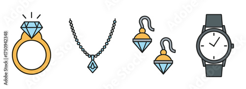 Set of jewelry and accessories including a diamond ring, a necklace with a blue gem, a pair of earrings, and a sleek wristwatch.