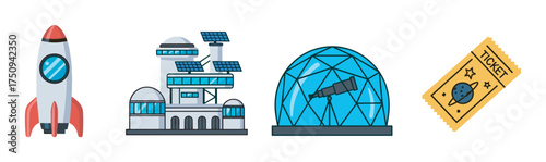 Colorful illustrations of a rocket, futuristic building with solar panels, geometric dome with a telescope, and a ticket with space-themed artwork.