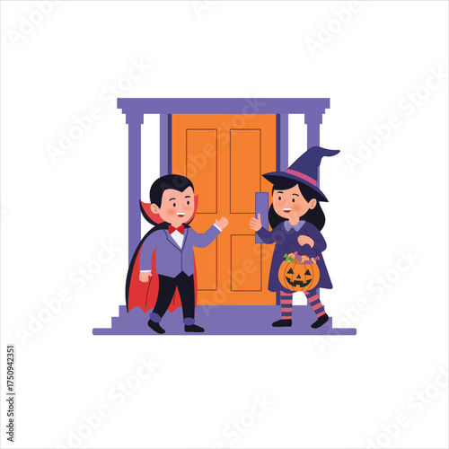 Flat Vector Kids Trick or Treat – Dracula and Witch Halloween Illustration