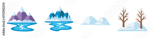 Four winter landscape icons featuring snow-capped mountains, icy rivers, snowy rocks, and leafless trees on a white background.