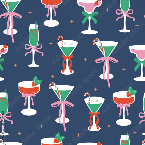 Christmas holiday cocktail seamless pattern. festive drink glasses, candy canes, bows, and holly elements. Christmas pattern for wrapping paper, background, fabric, wallpaper, and party invitations.