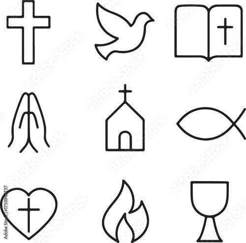 Collection of simple christian religious symbols in outline style