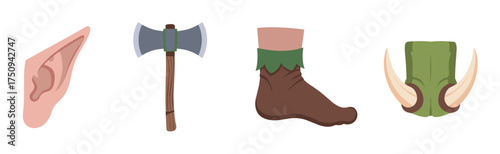 Four whimsical illustrations depicting a pointed ear, double-headed axe, brown boot, and green helmet with tusks, each representing elements of a fantasy theme.