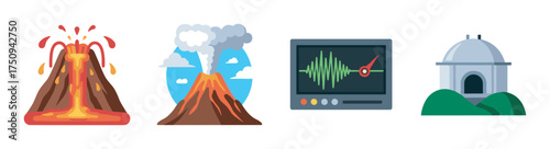 Four colorful icons depicting a volcanic eruption, a smoking volcano, a seismograph reading, and an observatory dome.