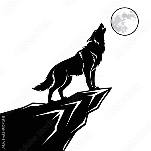 Wolf howling at the moon on a cliff silhouette isolated on white background