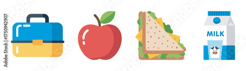 Colorful illustration of a blue and yellow lunchbox, a red apple with a green leaf, a cheese and lettuce sandwich, and a carton of milk with a cow graphic.