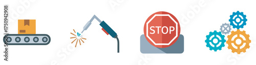 Colorful industrial icons depicting a conveyor belt with a package, a welding torch with sparks, a stop sign, and various interconnected gears.