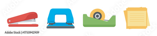 Colorful illustration of four essential office supplies: a red stapler, a blue hole punch, a green tape dispenser, and a stack of yellow sticky notes.