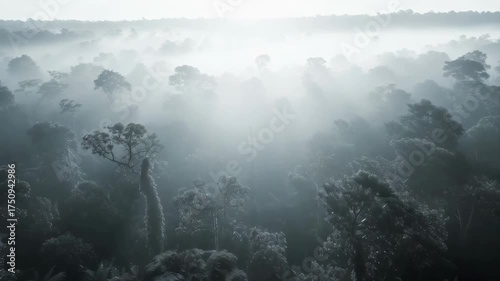 Misty Rainforest Canopy At Sunrise With Sun Rays Shining Through Dense Fog Over Tropical Jungle Trees