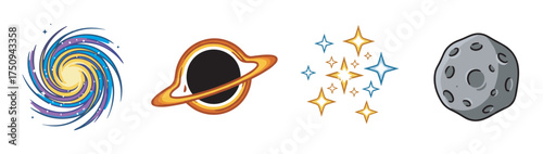 Colorful illustrations depicting a swirling galaxy, a ringed planet, sparkling stars, and a cratered asteroid in a cosmic theme.