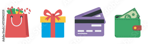 Colorful icons of a gift bag with presents, a wrapped gift box, purple credit cards, and a green wallet with cash, representing shopping and finances.