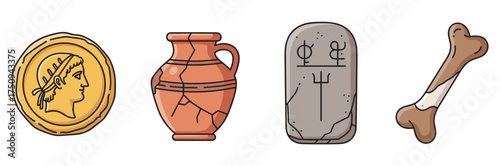 A set of four historical artifacts, including an ancient coin, a clay pot with a handle, a carved stone tablet with symbols, and an old bone, arranged in a row.