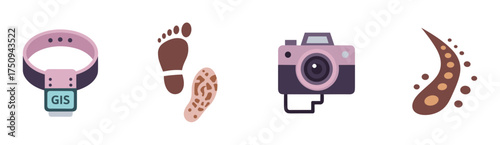 Set of four bold icons including a pink dog collar with gis, a brown footprint and shoeprint, a pink and gray camera, and a brown tentacle with suction cups.