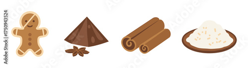 Four stylized icons depicting a gingerbread man, chocolate pyramid, cinnamon sticks, and a bowl of powdered sugar, representing various sweet and spice elements.