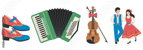 Colorful array of traditional polish cultural elements, including ornate folk shoes, accordion, cello, and a male and female couple in vibrant national attire.