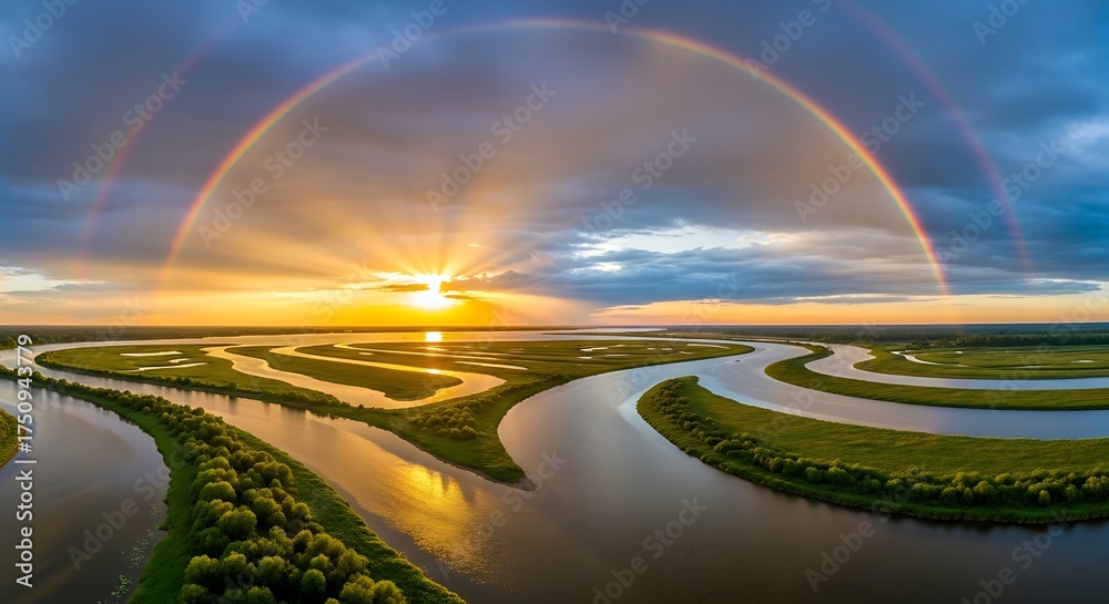 Obraz premium River Bends Under a Rainbow at Sunset.