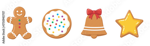 Four festive gingerbread cookies in the shapes of a man, round cookie with icing, bell with a bow, and star, each decorated with colorful accents.