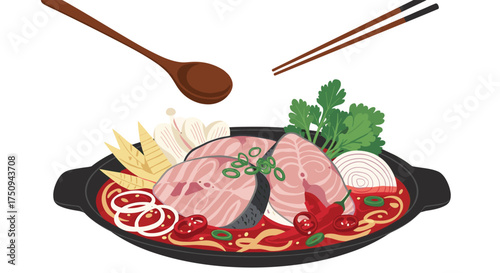 Delicious fish stew with fresh vegetables and chopsticks ready to eat.