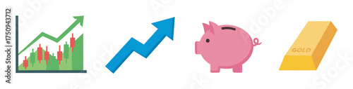 Colorful financial growth symbols including an upward chart, blue arrow, pink piggy bank, and gold bar.