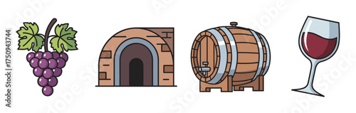 Colorful vector icons of a grape bunch, brick wine cellar, wooden wine barrel, and half-full wine glass, symbolizing various stages of winemaking.