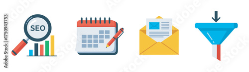 Four colorful icons representing seo optimization, including a magnifying glass, calendar, mailing envelope, and filtration funnel.