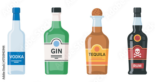 Four colorful bottles of alcoholic beverages including vodka, gin, tequila, and rum, each with unique labels and designs.