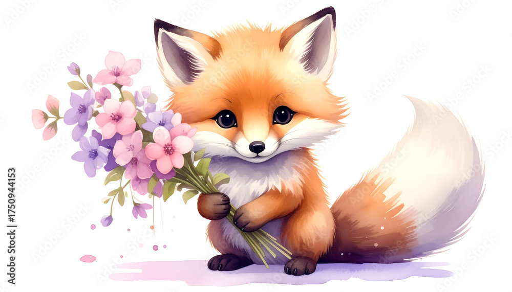 Obraz premium A little fox carrying flowers 