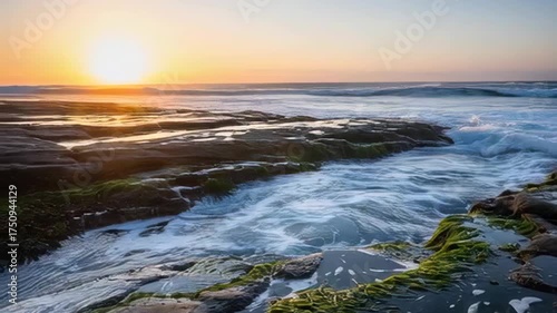 Ocean Sunset Over Rocky Coastline With Crashing Waves And Golden Light Illuminating The Water And Green Mossy Rocks