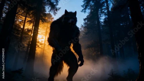Mythical Werewolf Creature Standing Silhouetted in Misty Forest at Dusk with Dramatic Golden Sun Rays and Deep Blue Sky Above