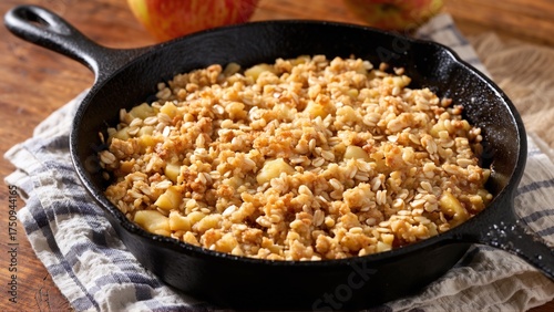 Warm Apple Crumble with Toasted Oat Topping Served in a Cast Iron Skillet