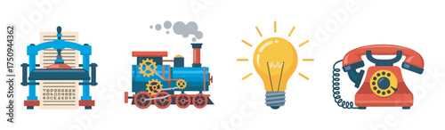 Colorful vintage technology icons showcasing a printing press, steam locomotive, light bulb, and rotary telephone in a flat design.